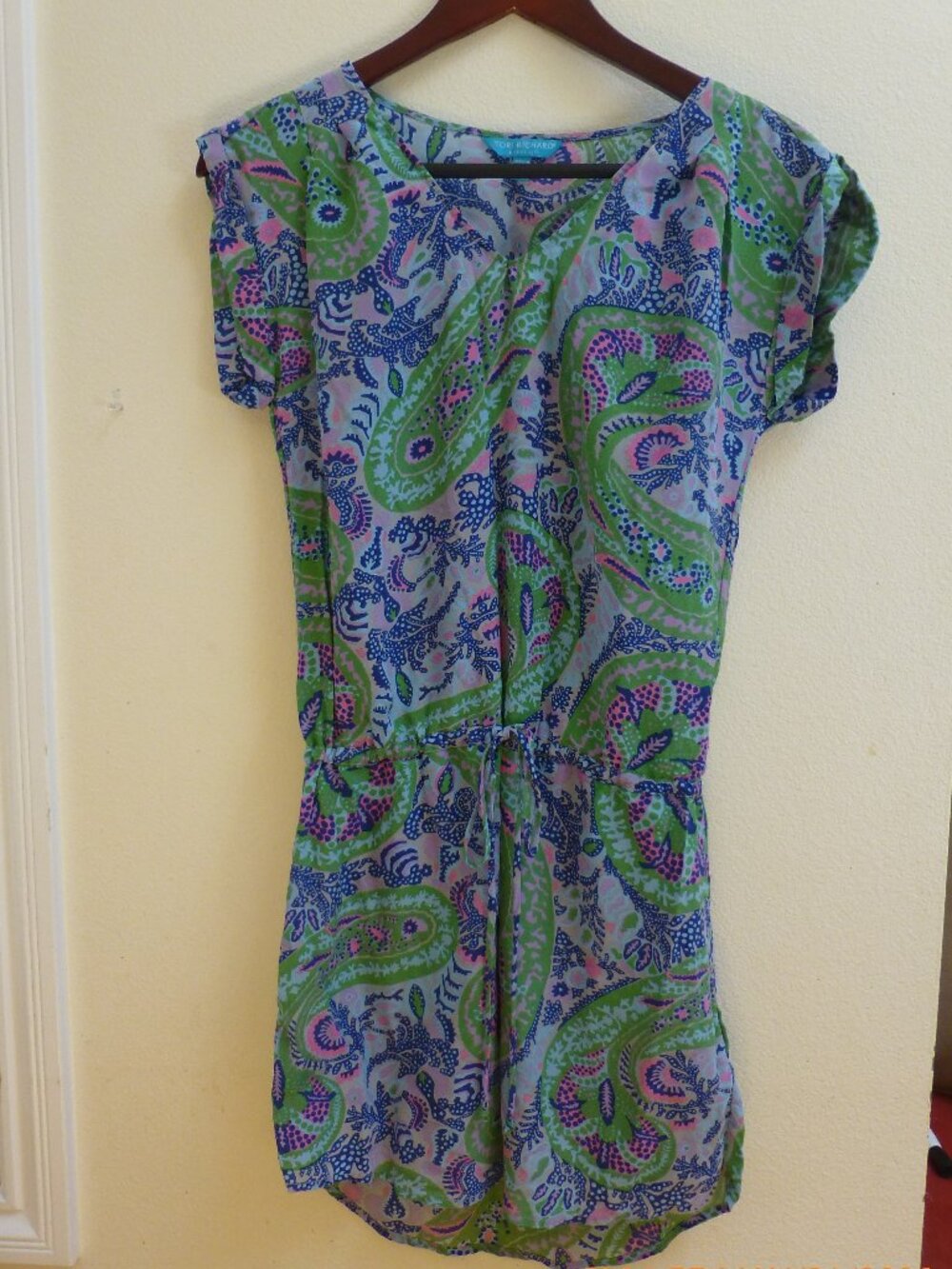 Tory Richards Cap Sleeve Silk V-neck Minidress Drawstring waist size 2 Tropical